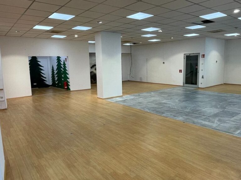 Blick in einen leeren Ladenraum mit Laminat- und Steinboden;